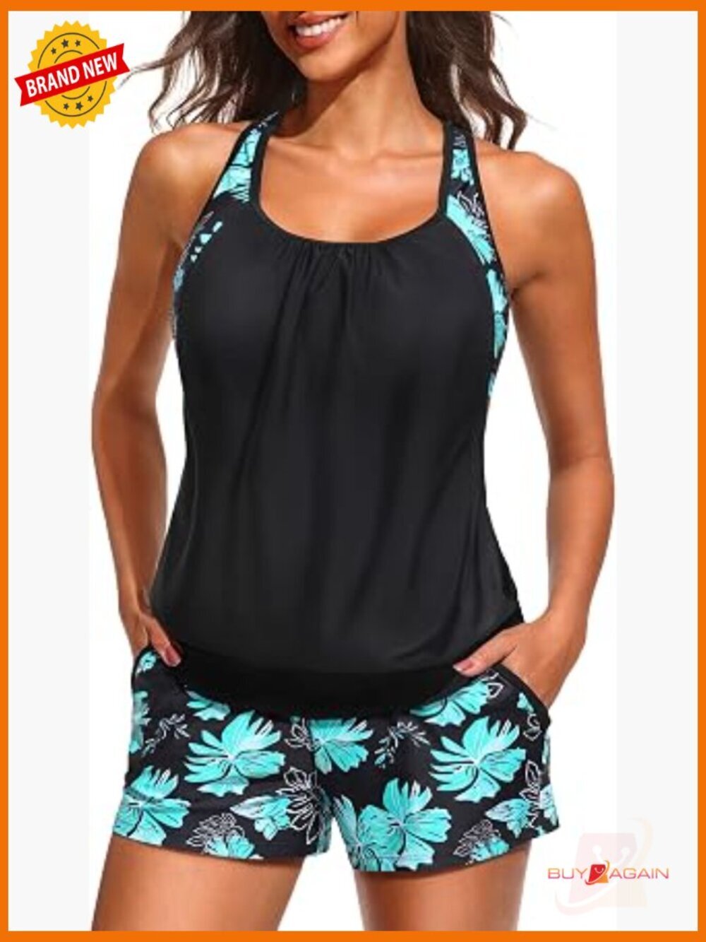 Tummy Control Tankini Two Piece Swimsuit with Shorts Built in Bra